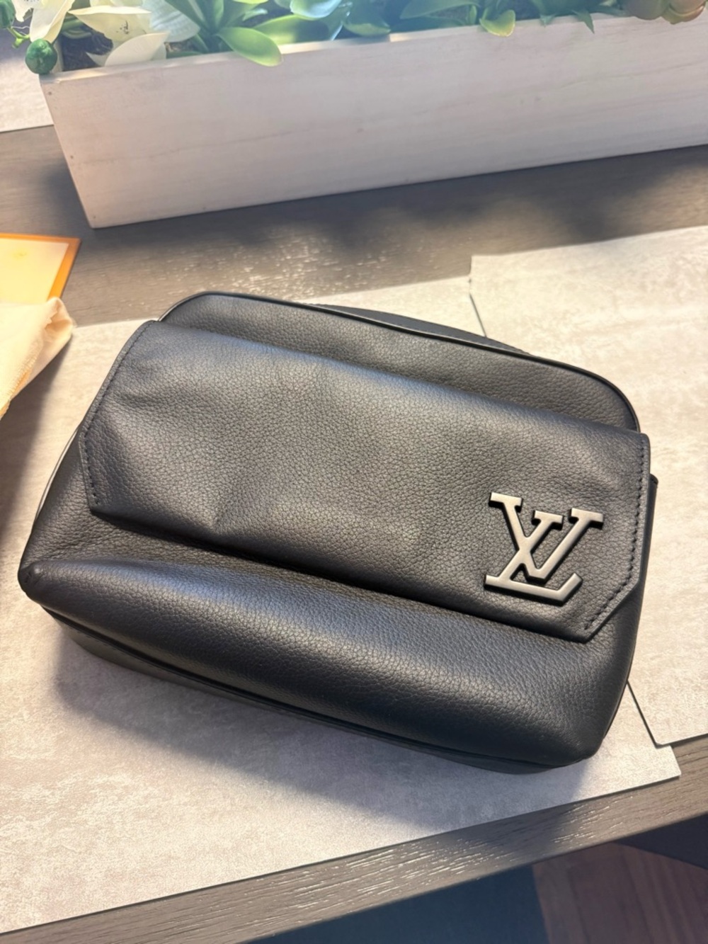 Louis Vuitton Black Leather Crossbody Bag with Silver LV Hardware